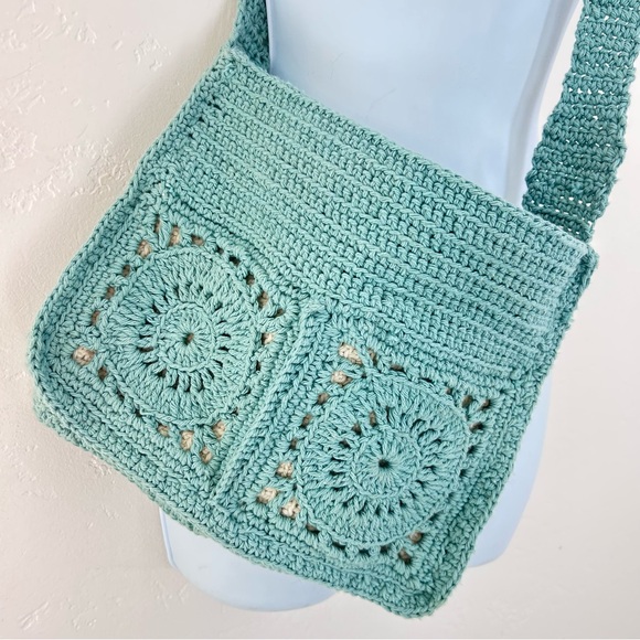 Handmade Crochet Crossbody Shoulder Bag Aqua Blue Boho Festival - Picture 3 of 7